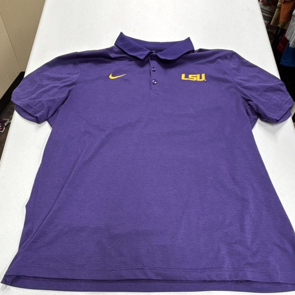Nike Dri-FIT Men's Purple Solid Polo Shirt XL Short Sleeve Collared LSU Logo
